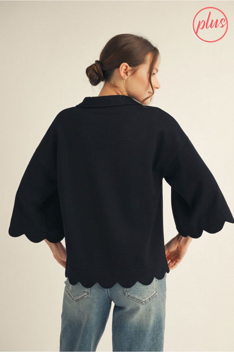 Jodifl Black Lux Fabric Collared Top with scalloped hem