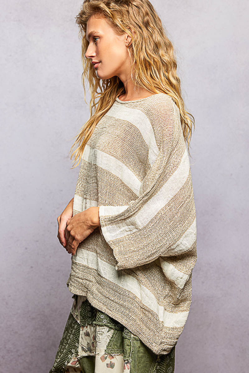 POL Round Neck Linen Striped Top