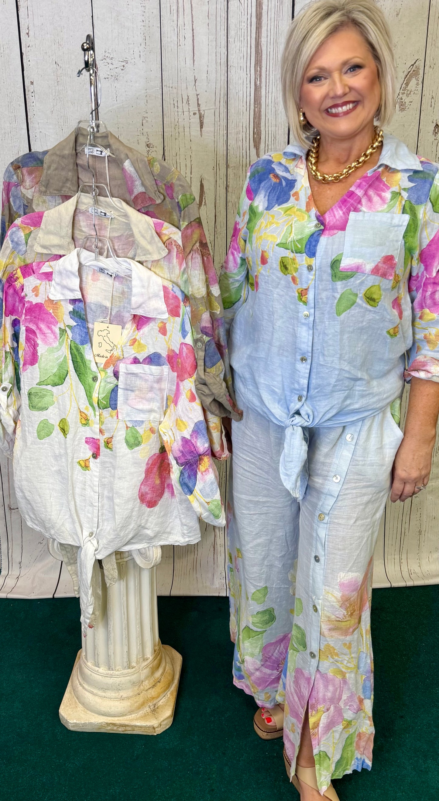 Made in Italy Flower Print Tie Front Linen Top