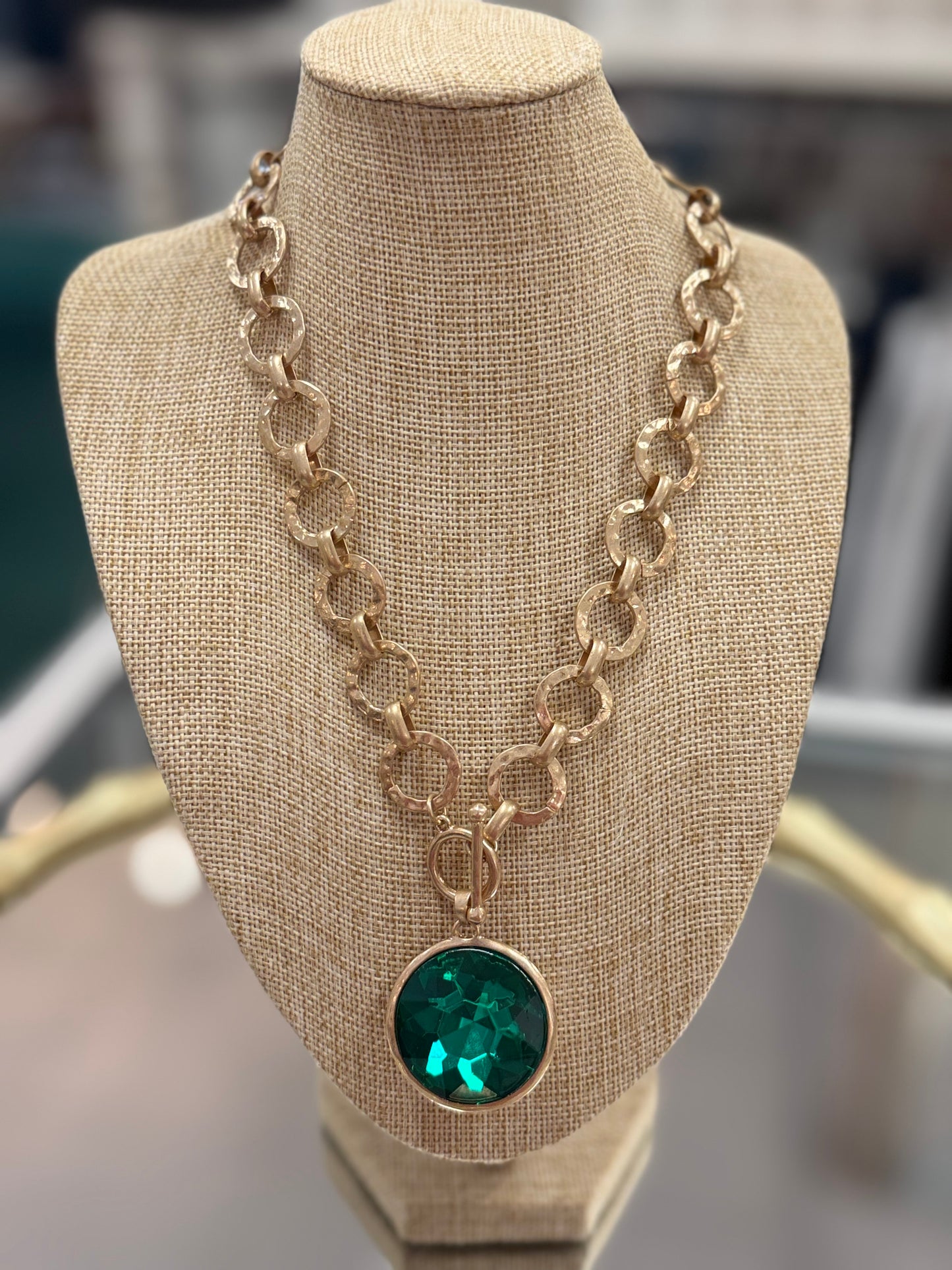 Large Gold Chain Necklace w/ Spruce Green Rhinestone