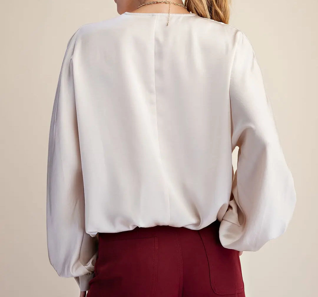Glam Cream V-Neck Wrap Longsleeve Blouse