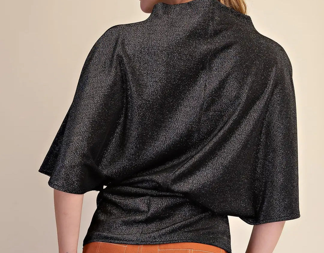 Glam Black Mock Neck Wide Sleeve Stretchy Top
