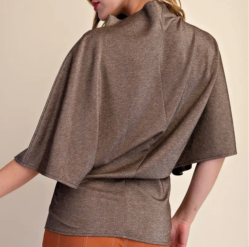 Glam Brown Mock Neck Wide Sleeve Stretchy Top