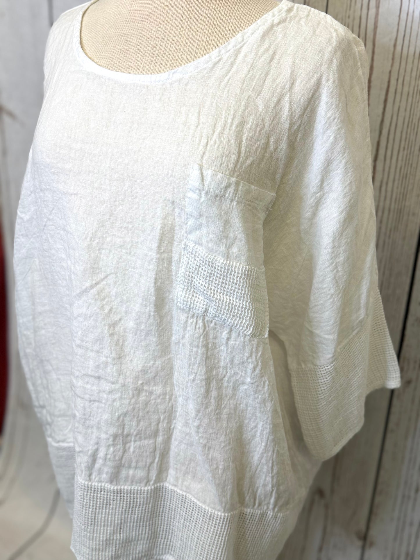 Made in Italy Linen Top with Crochet Net Trim