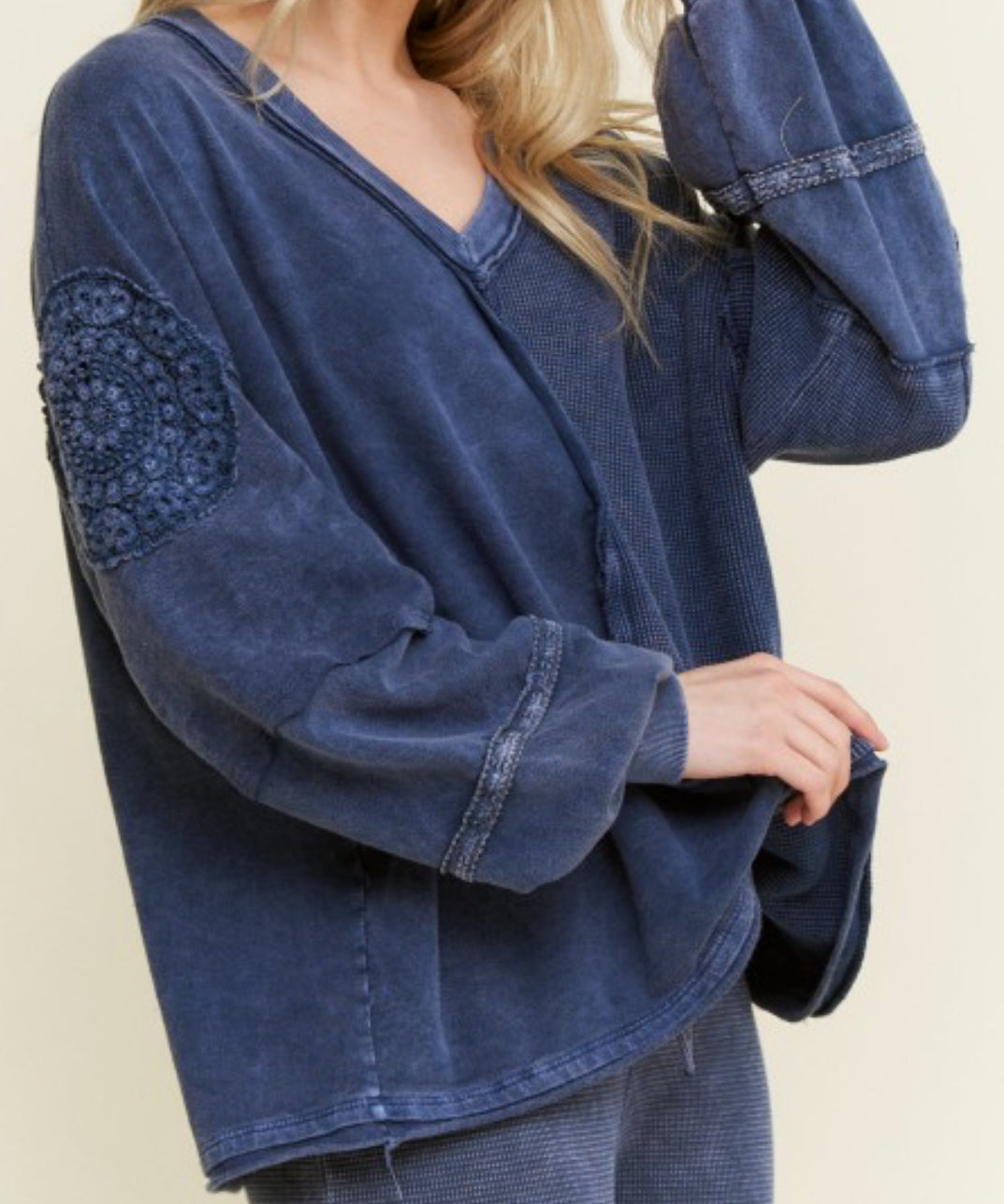 J. Her Navy Mineral Washed Doily V-Neck Blouse