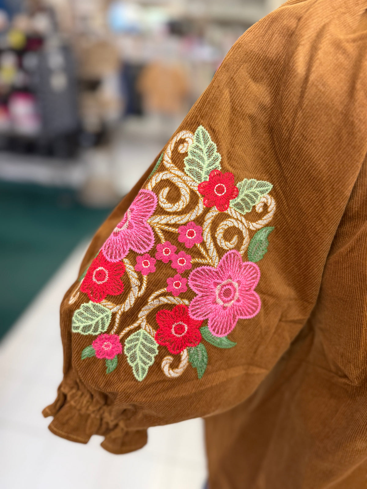 Umgee Camel Embroidered Sleeve Corduroy Blouse
