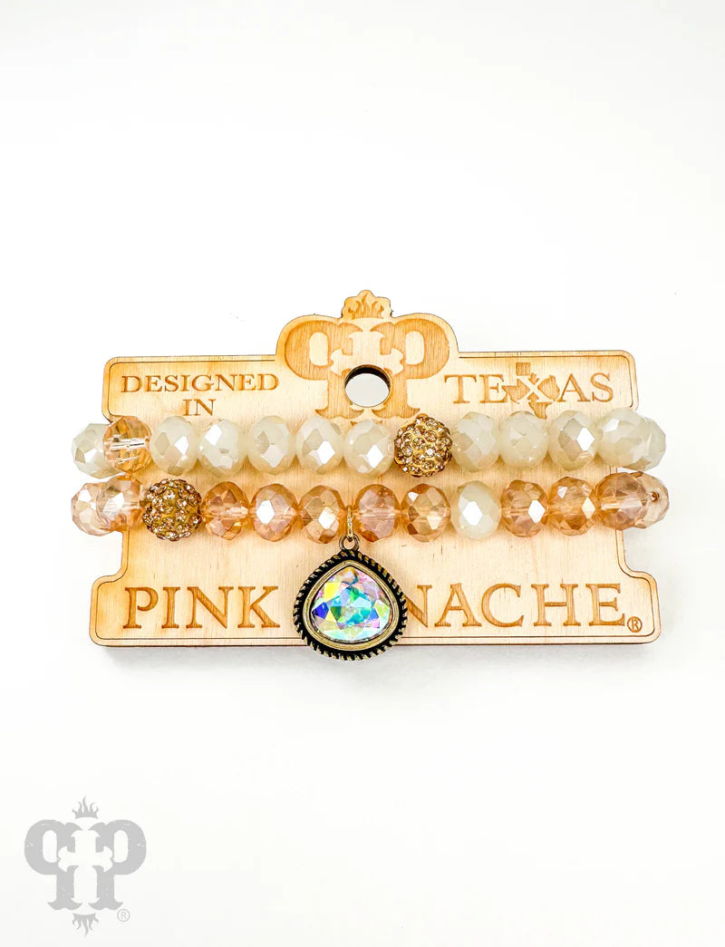 Gold Bead bracelet with rope edge crystal charm