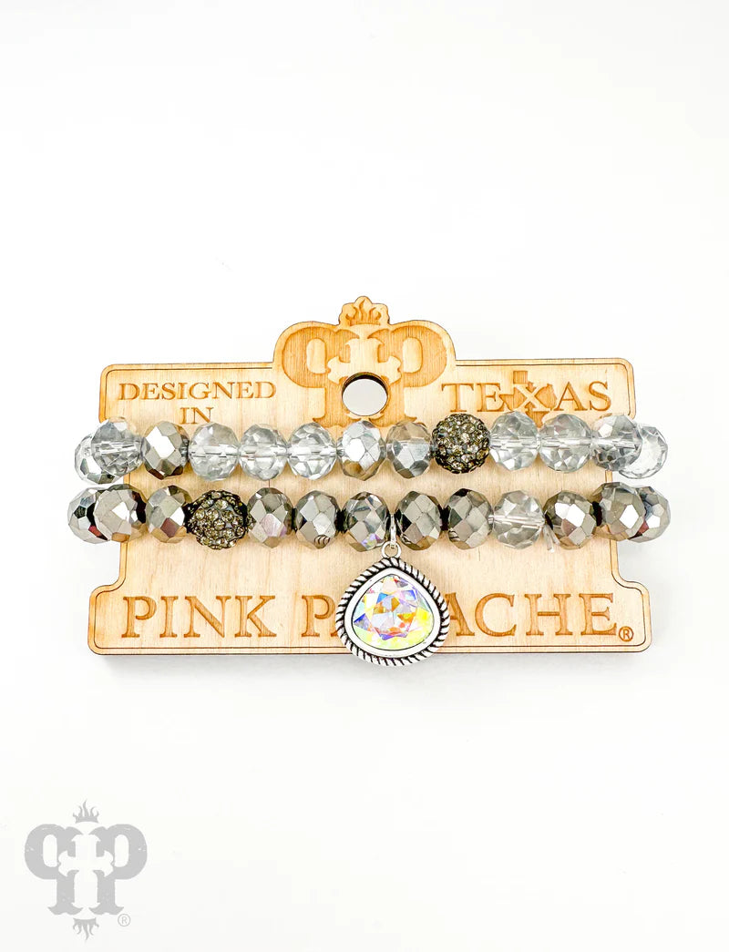 Silver Bead bracelet with rope edge crystal charm