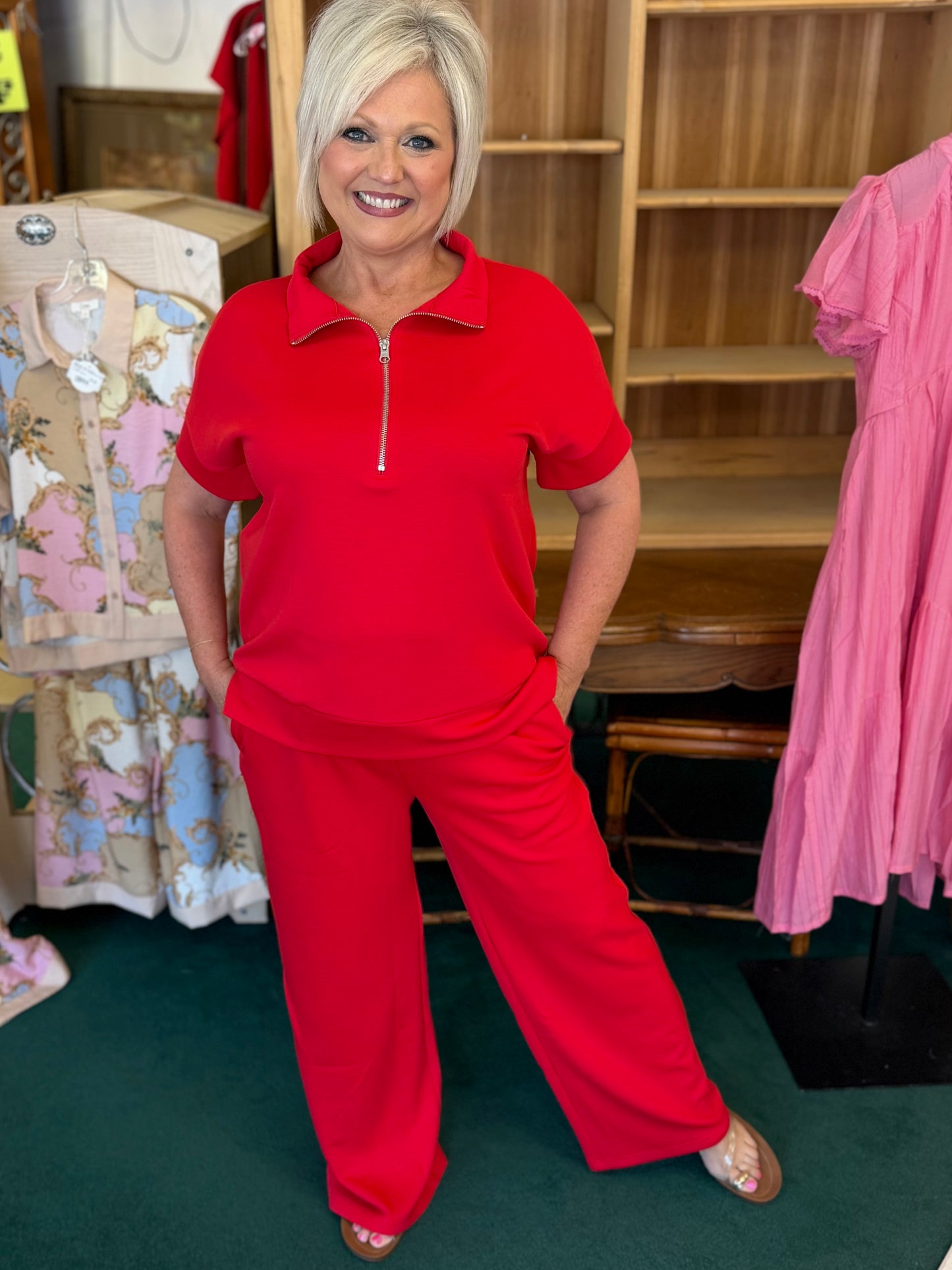 ZENANA RUBY SCUBA HIGH NECK HALF ZIP TOP & PANTS SET