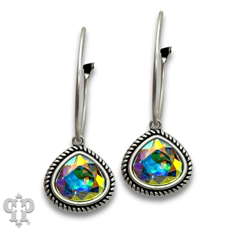 Silver Rope edge teardrop crystal hoop earring