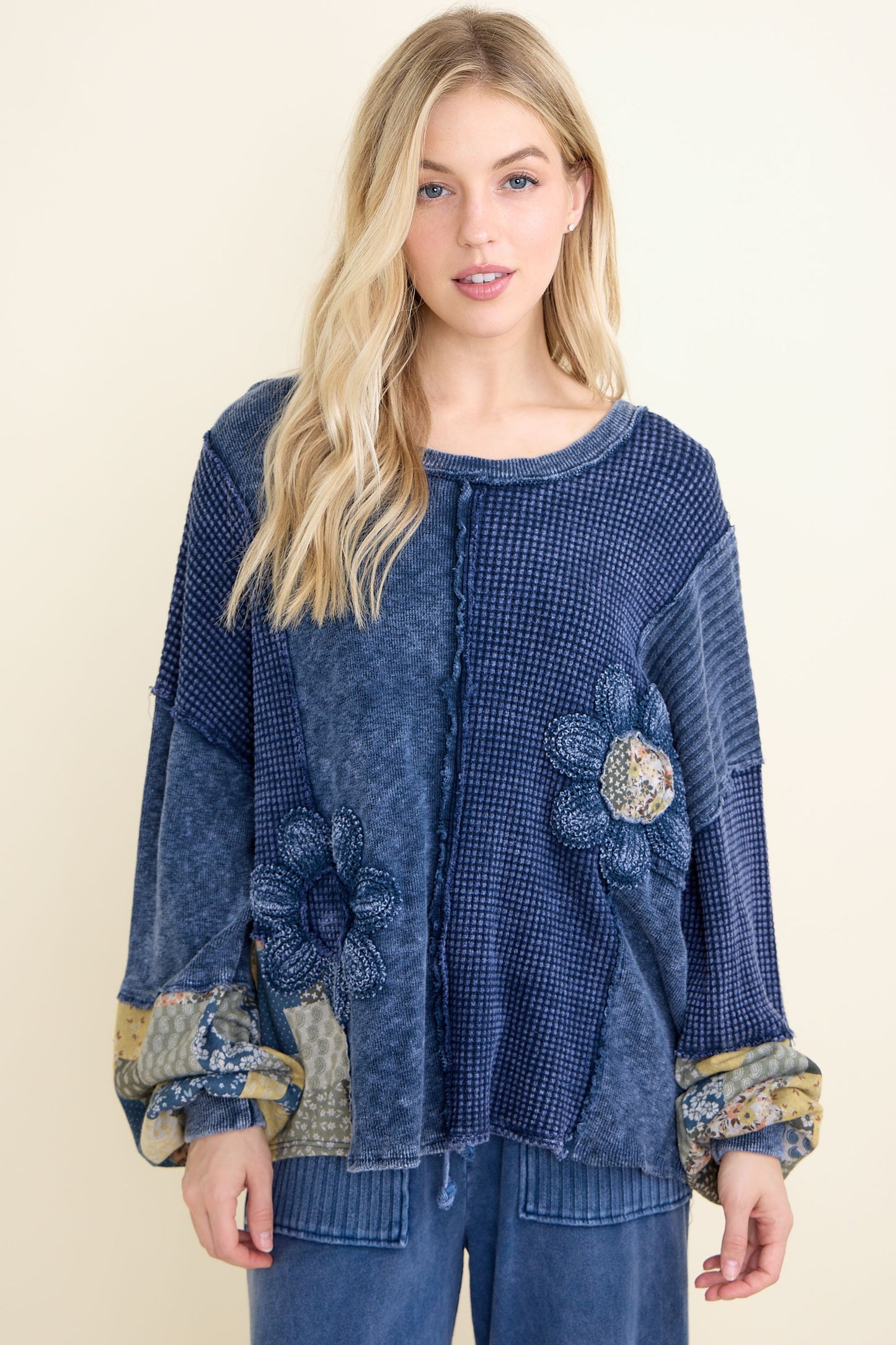 J. Her Mineral Washed Daisy Patchwork Sweater