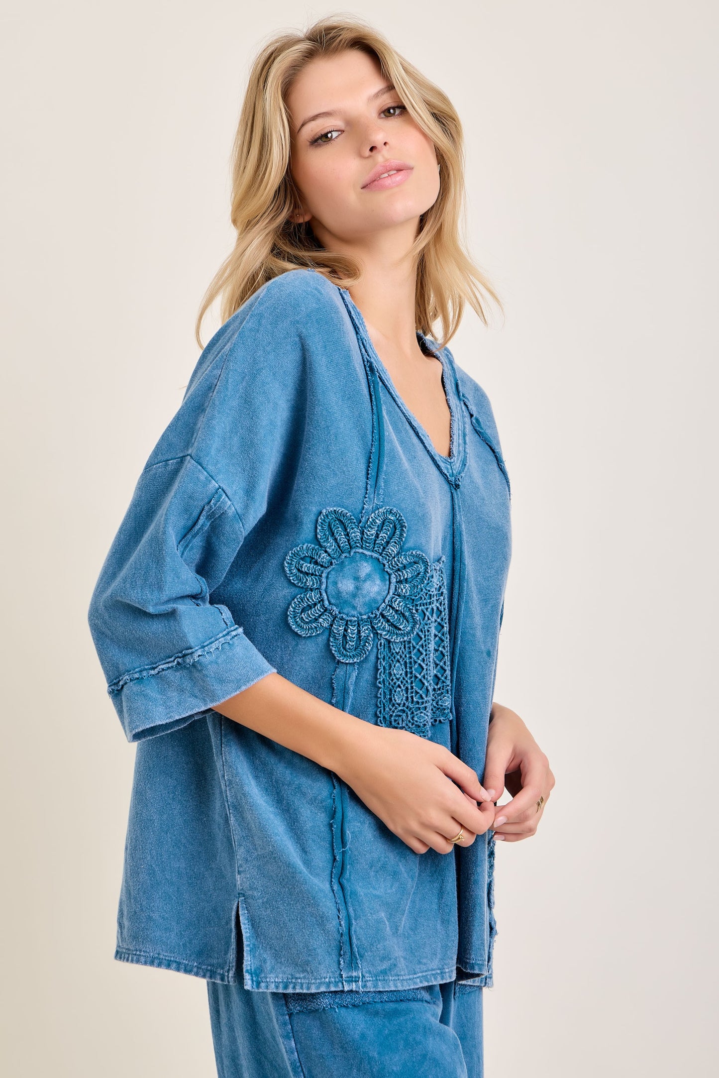 J. Her Slate Blue Mineral Washed Cotton Trim Patched Raw Edge Top