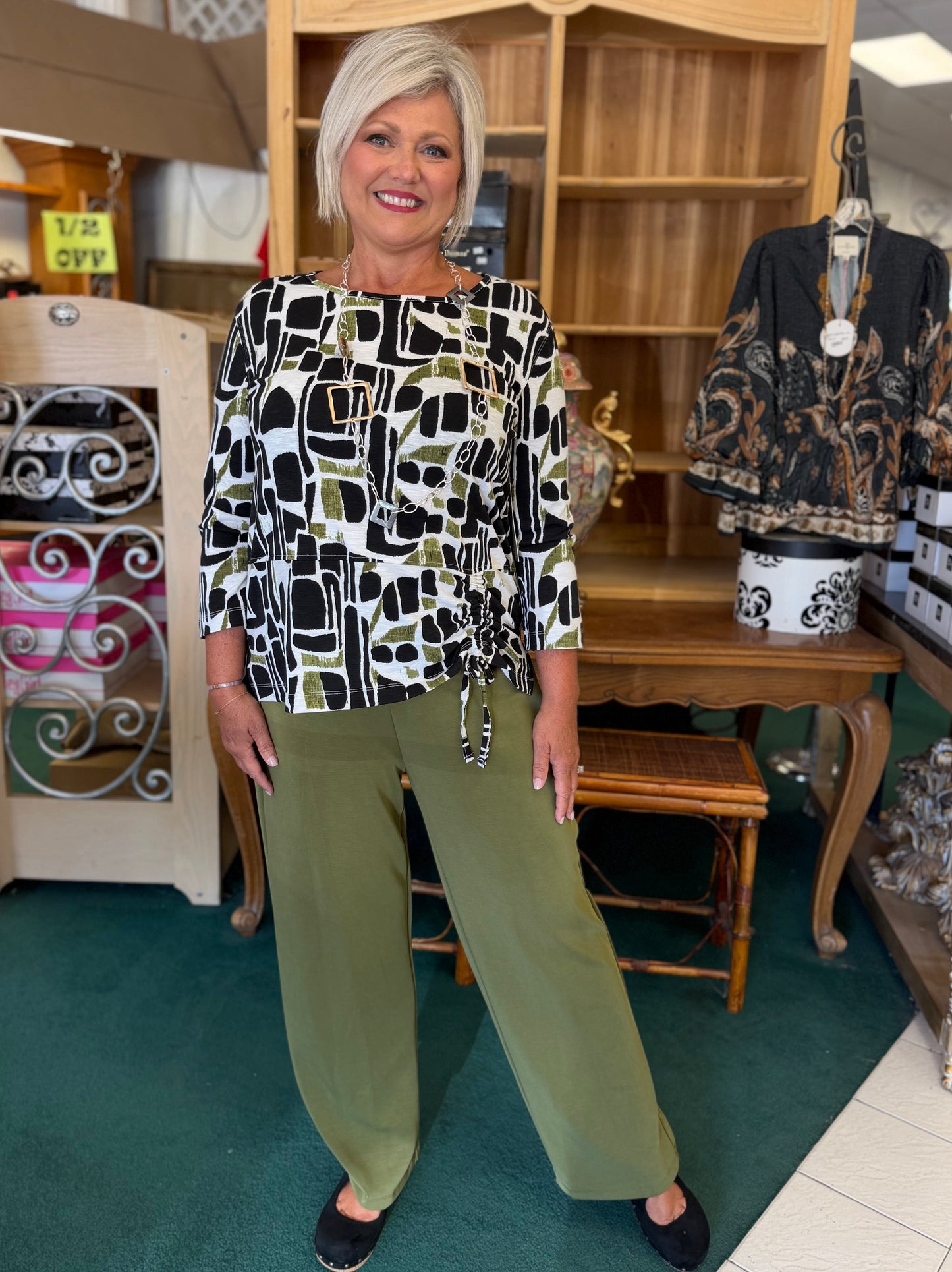 Multiples Olive WIDE BAND PULL ON WIDE LEG KNIT ANKLE PANT