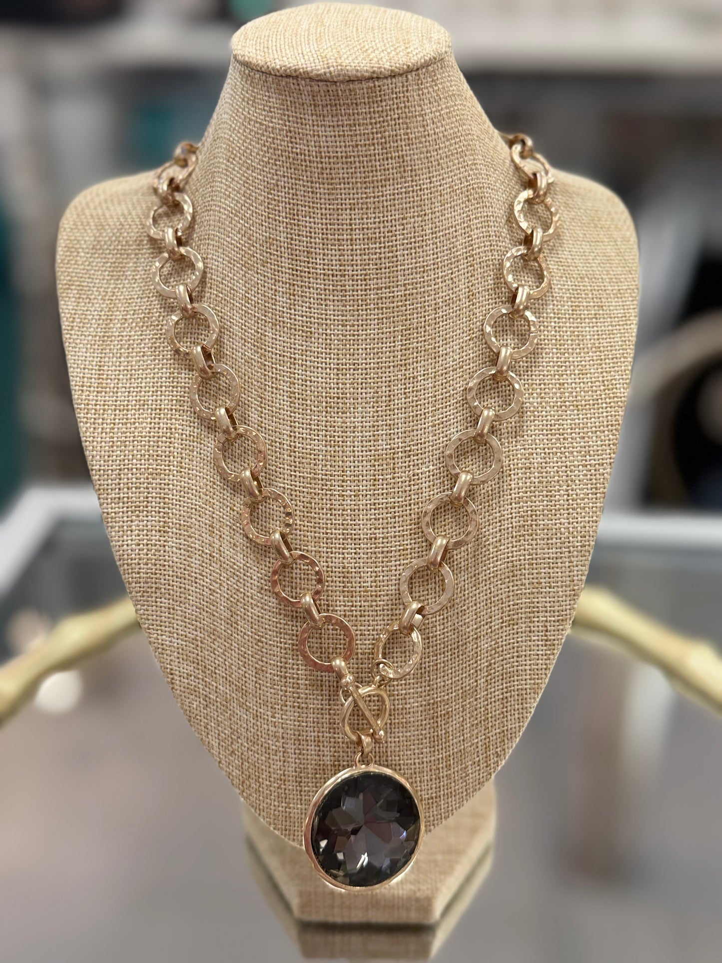 Large Gold Chain Necklace w/ Black Rhinestone