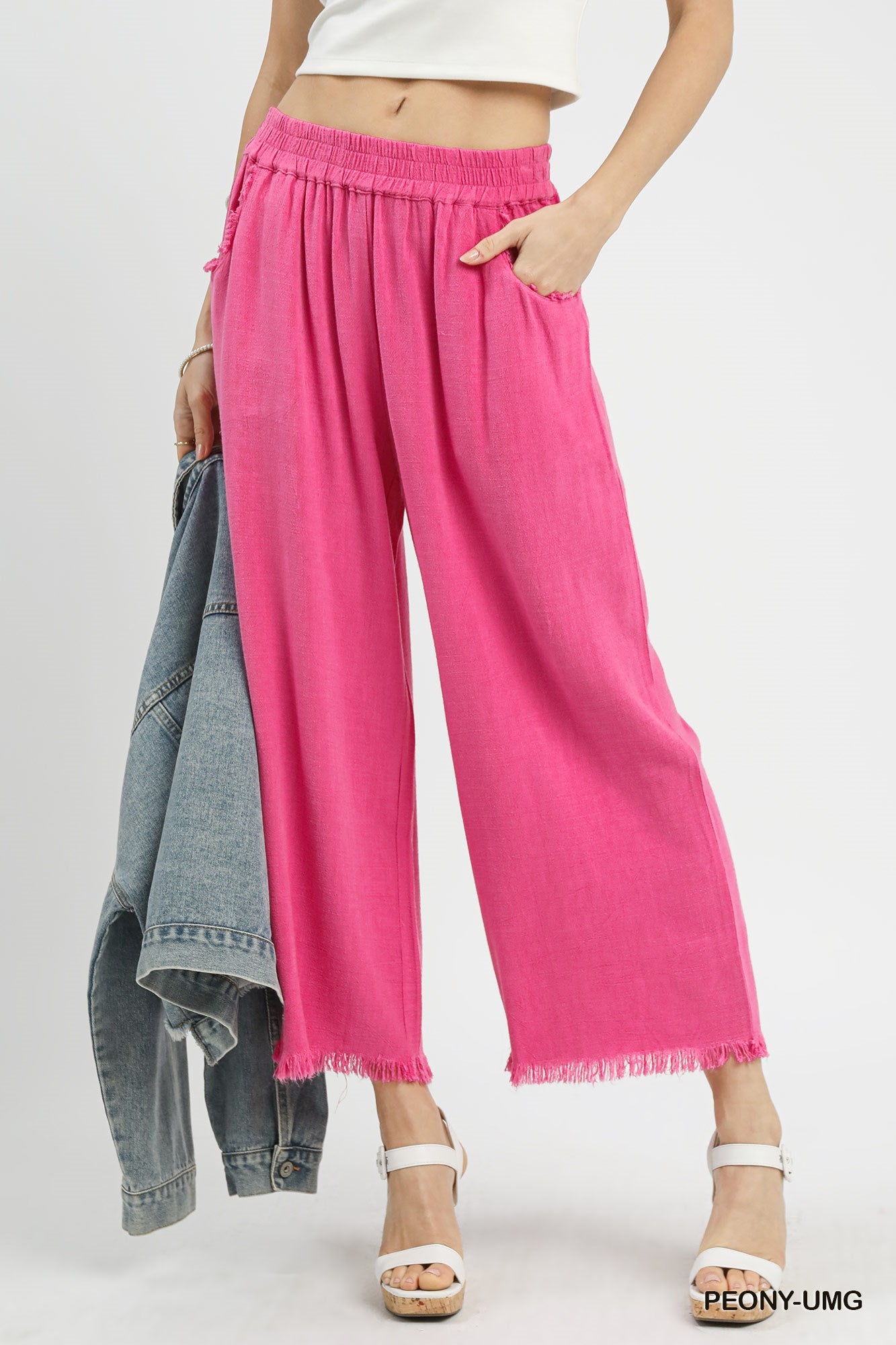 Umgee Peony Frayed Hem Wide-Leg Pants