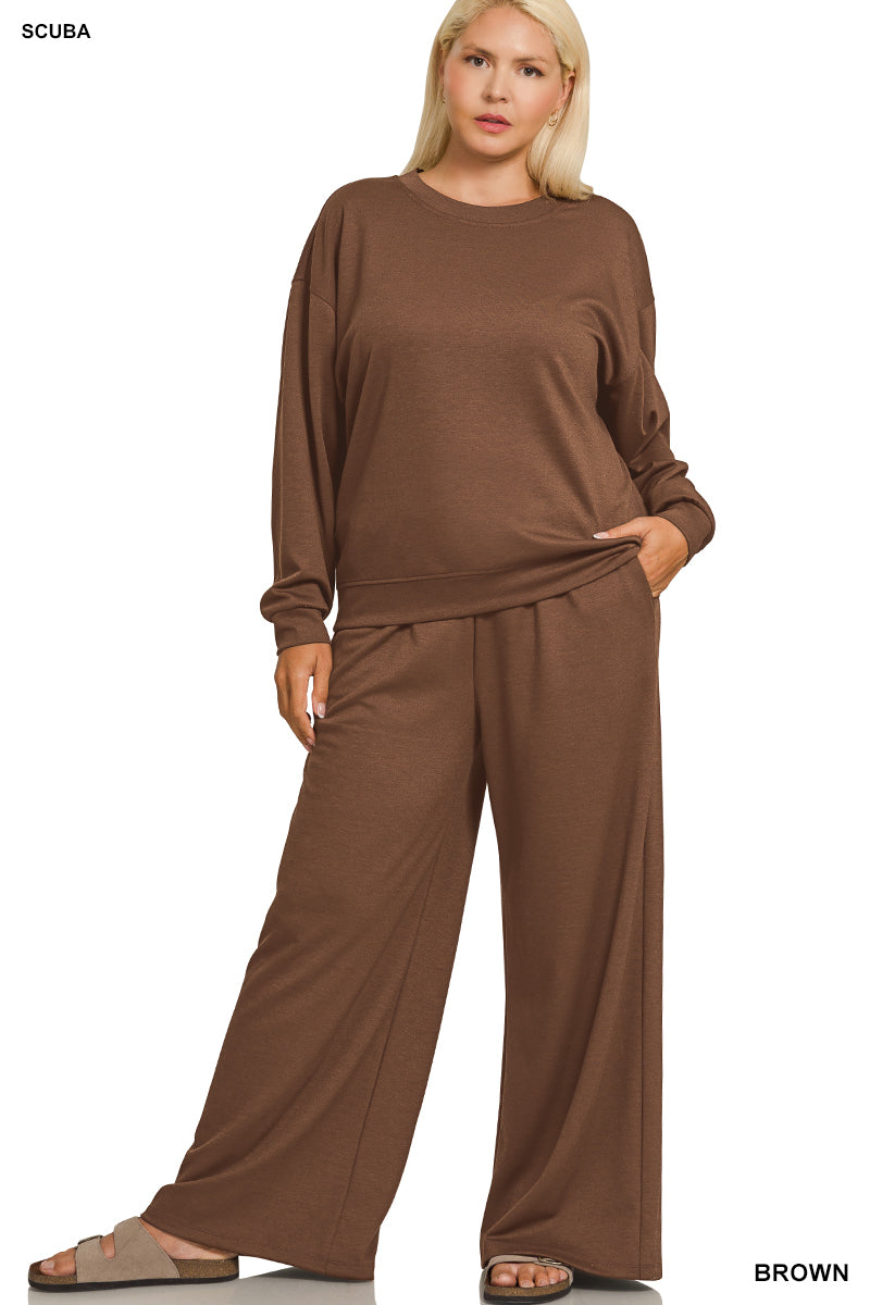 Zenana PLUS SCUBA CREWNECK PULLOVER & PANTS SET