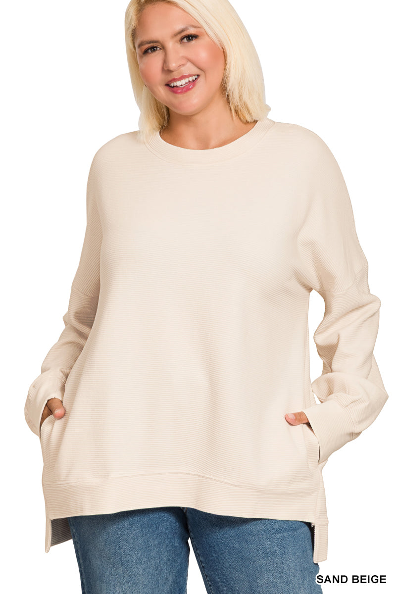 Zenana PLUS ACID WASHED DOUBLE RIBBED HI-LOW PULLOVER