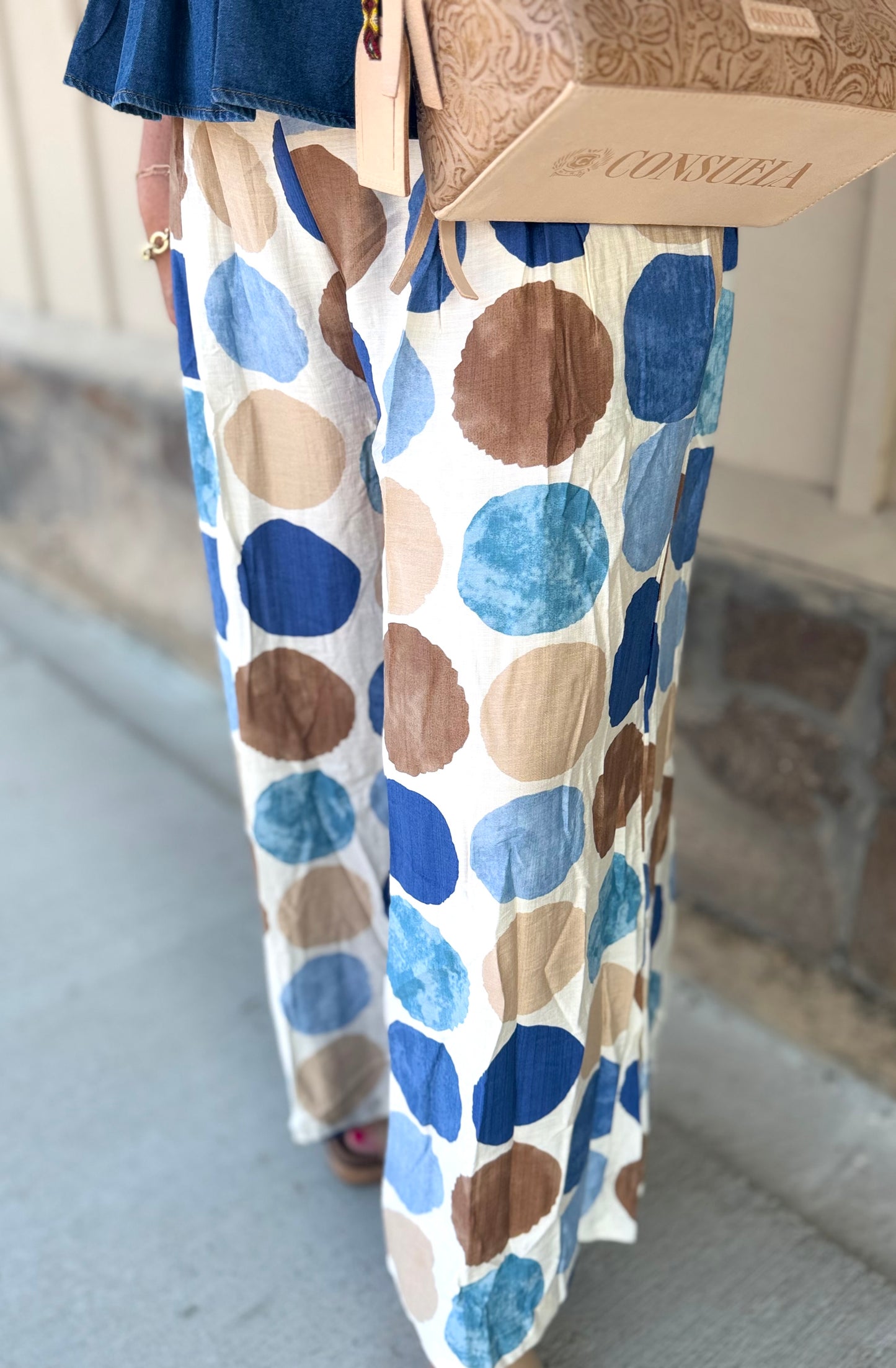 Umgee Plus Size Blue Mix Dot Print Wide Leg Pants