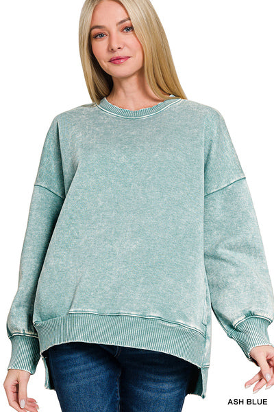 Zenana ACID WASH FLEECE HI-LOW HEM PULLOVER