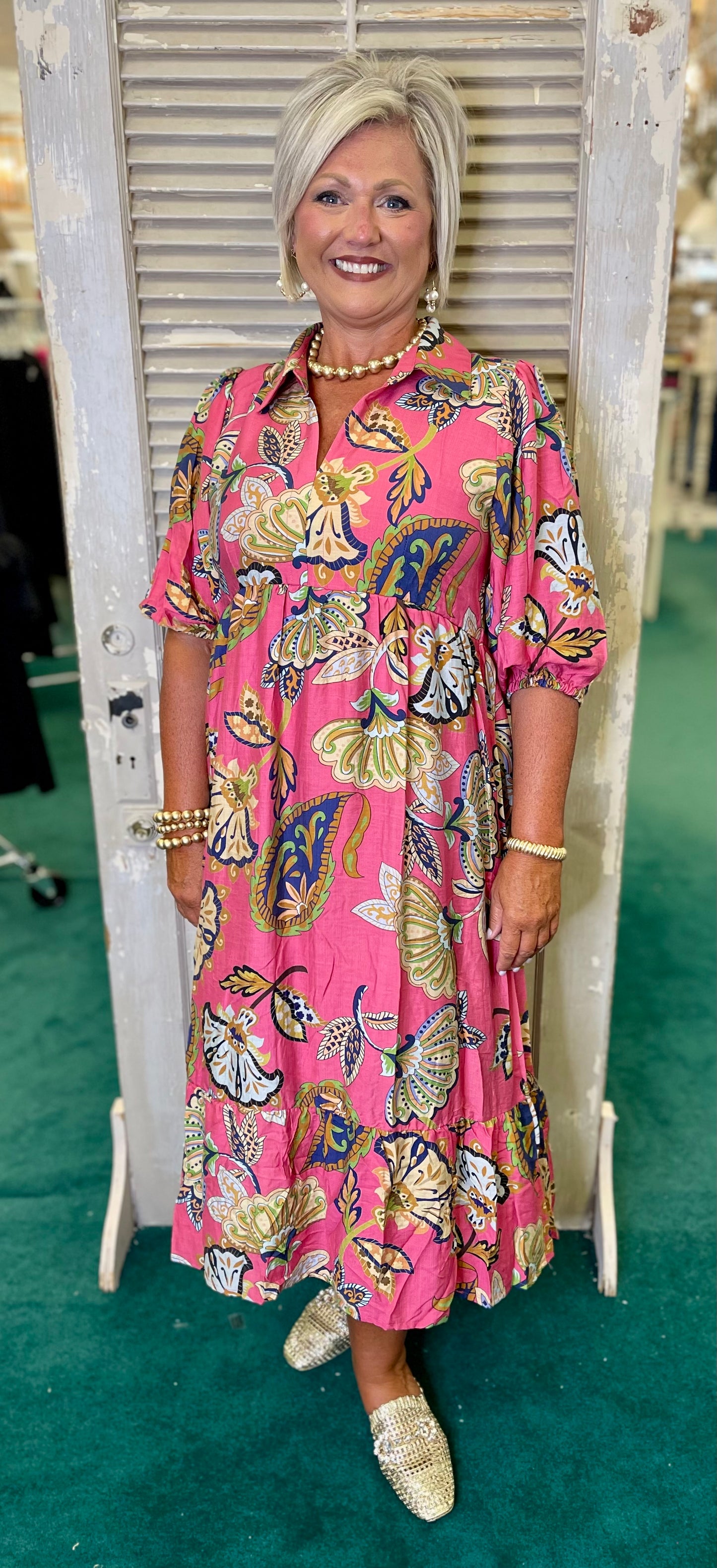 Umgee Pink Boho Paisley Tiered Midi Dress