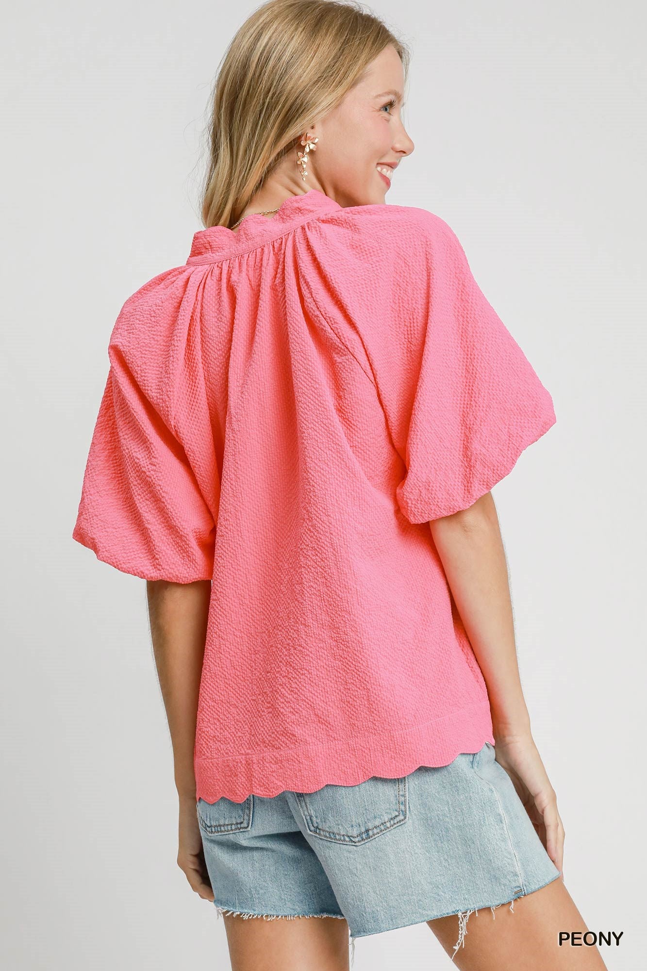 Umgee Peony Bubbled Sleeved Seersucker Top