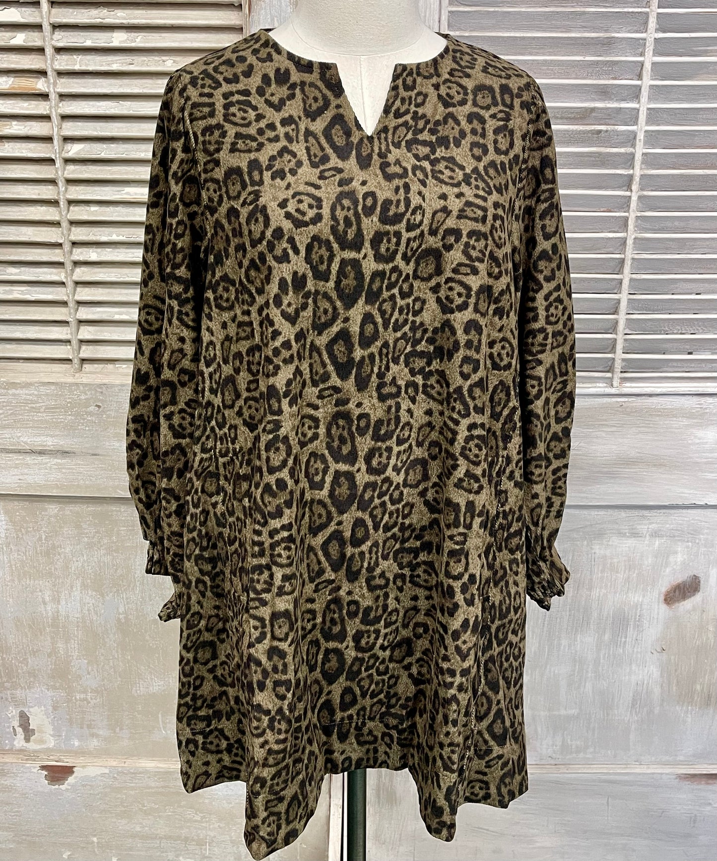 Umgee Olive Corduroy Leopard Print Long Sleeve Swing Dress