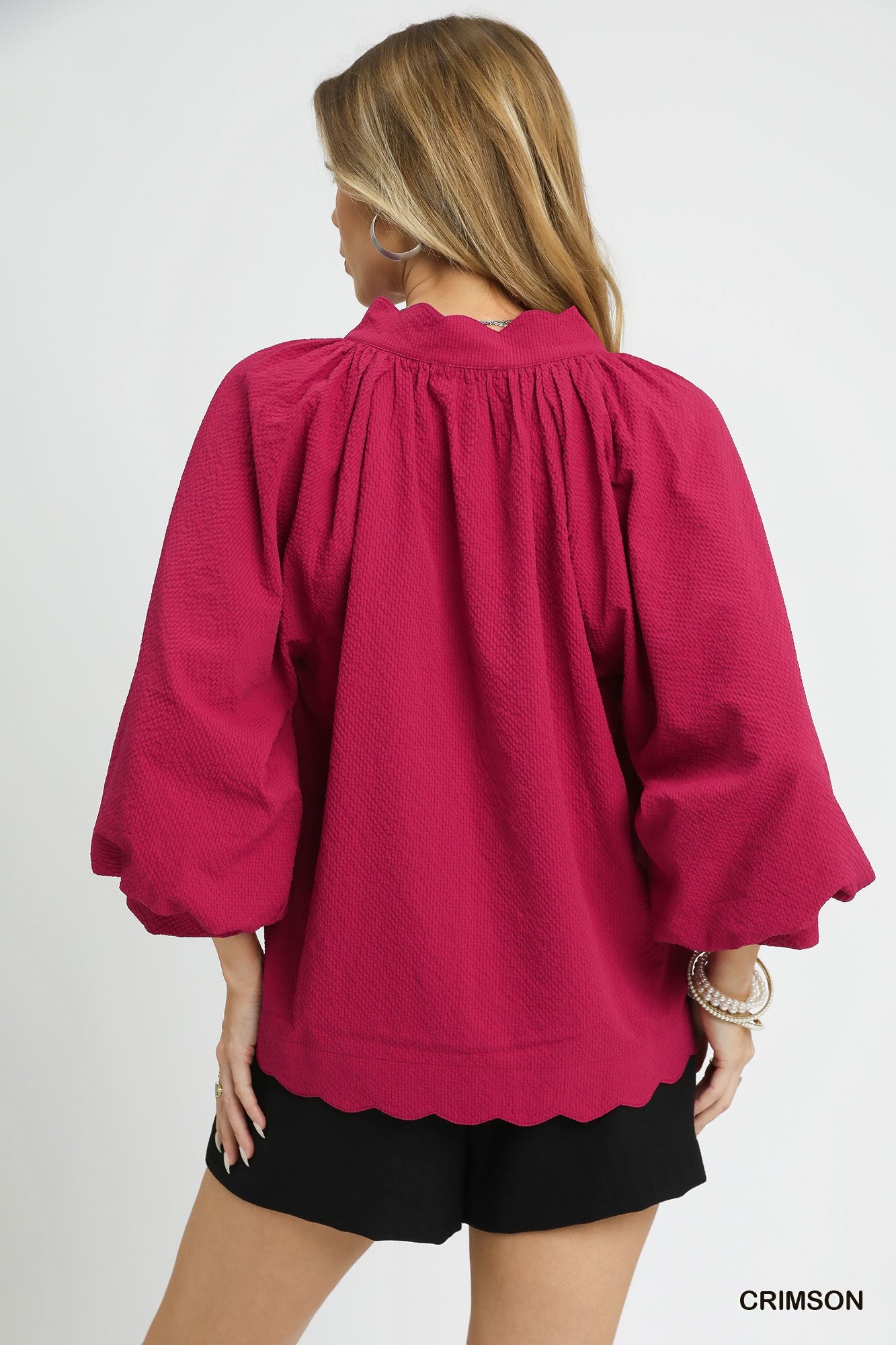 Crimson Split V Neck Top with Balloon Sleeves