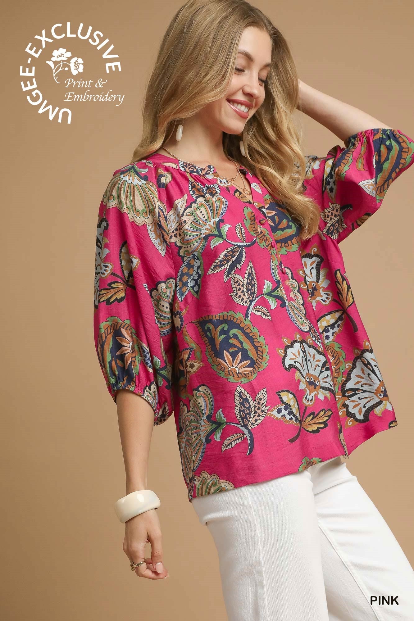 Umgee Pink Boho Paisley Puff Sleeve Top