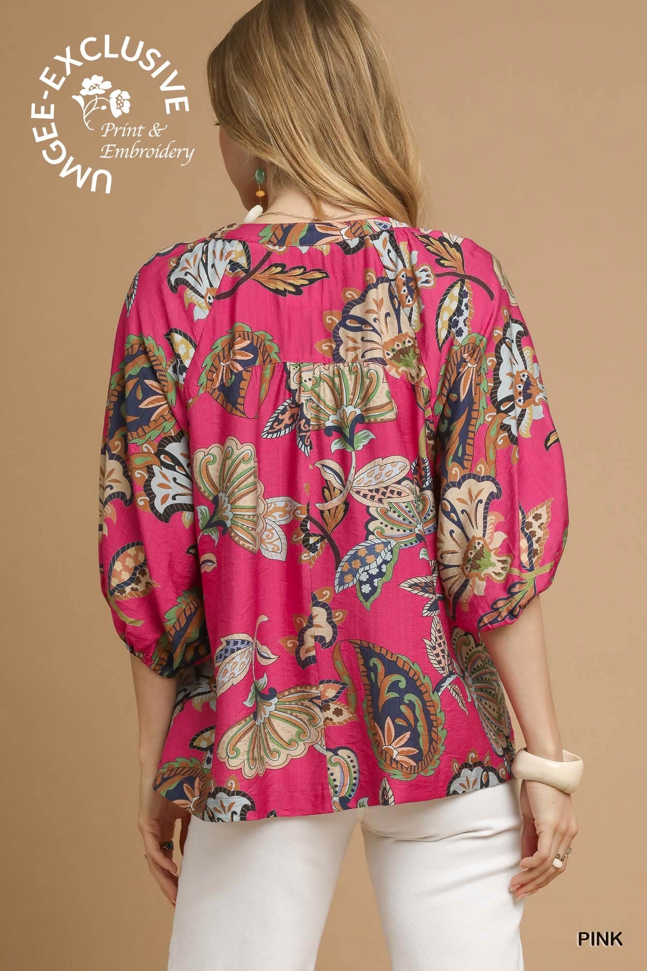 Umgee Pink Boho Paisley Puff Sleeve Top