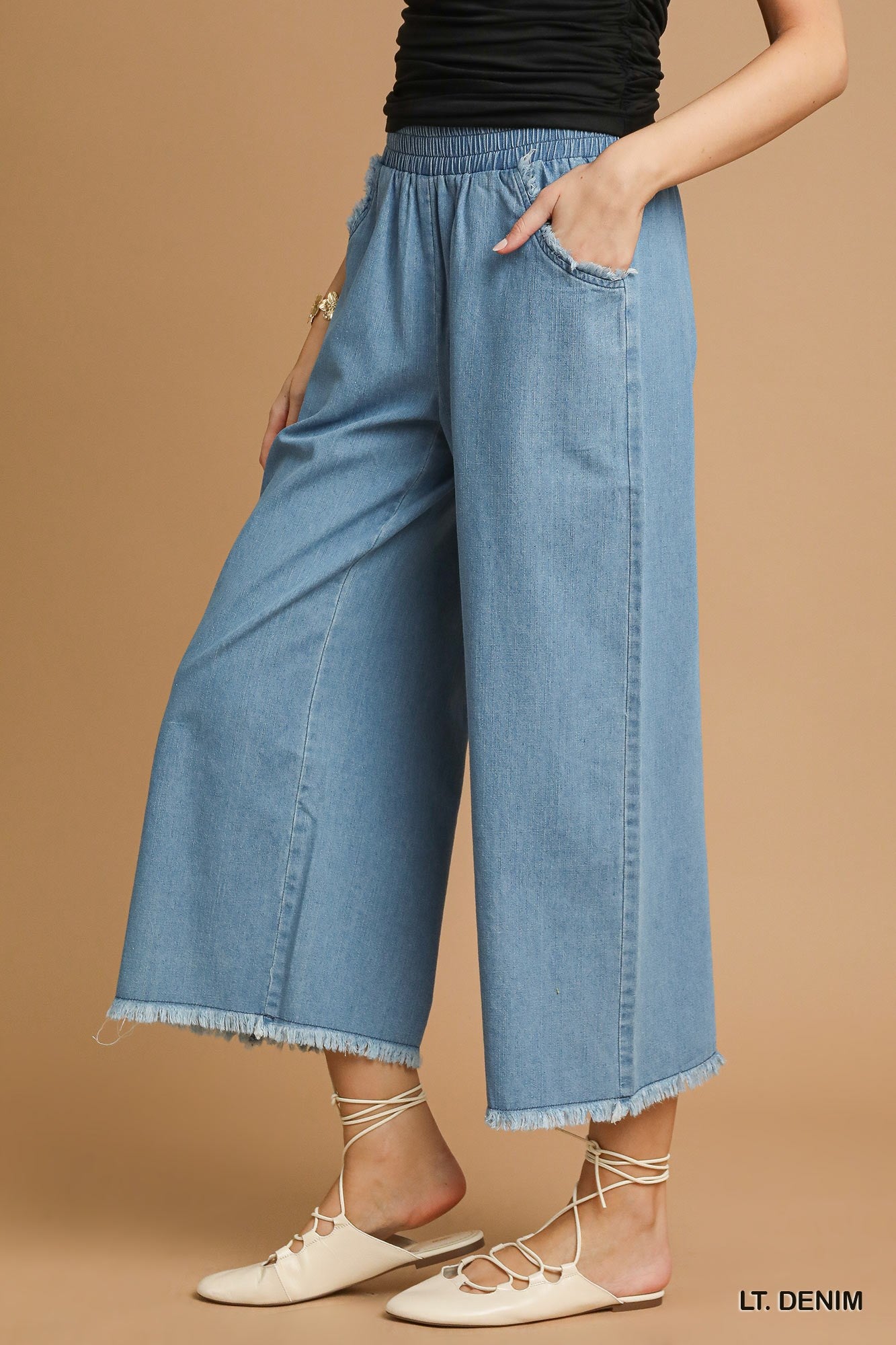 Umgee Light Washed Denim Pants with Fringe Hem