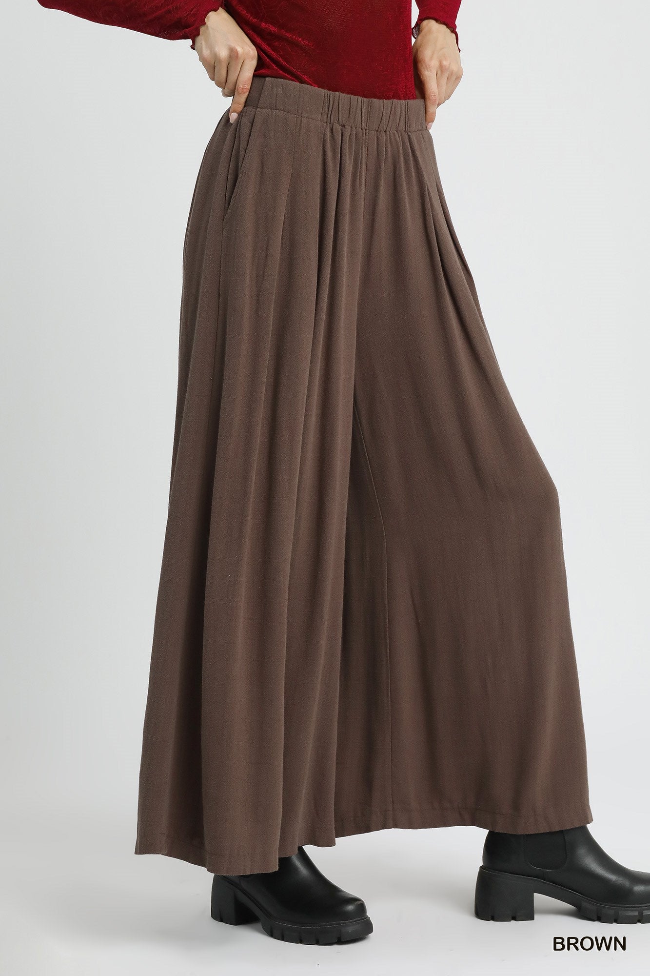 Umgee Brown Linen High Waisted Wide Leg Palazzo Pants