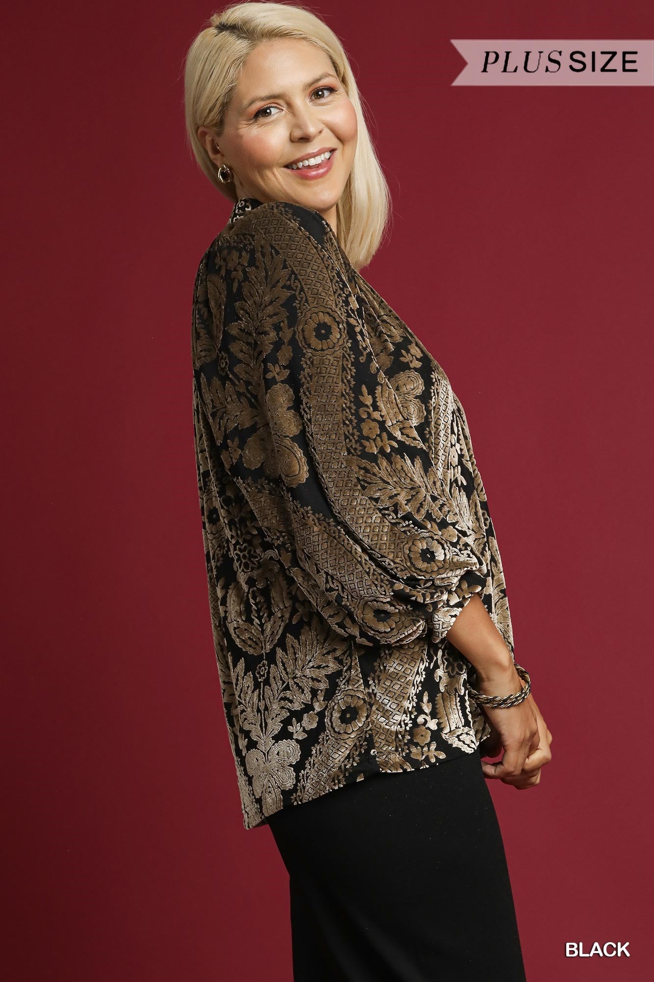 Umgee Damask Print Velvet Split Neck Top