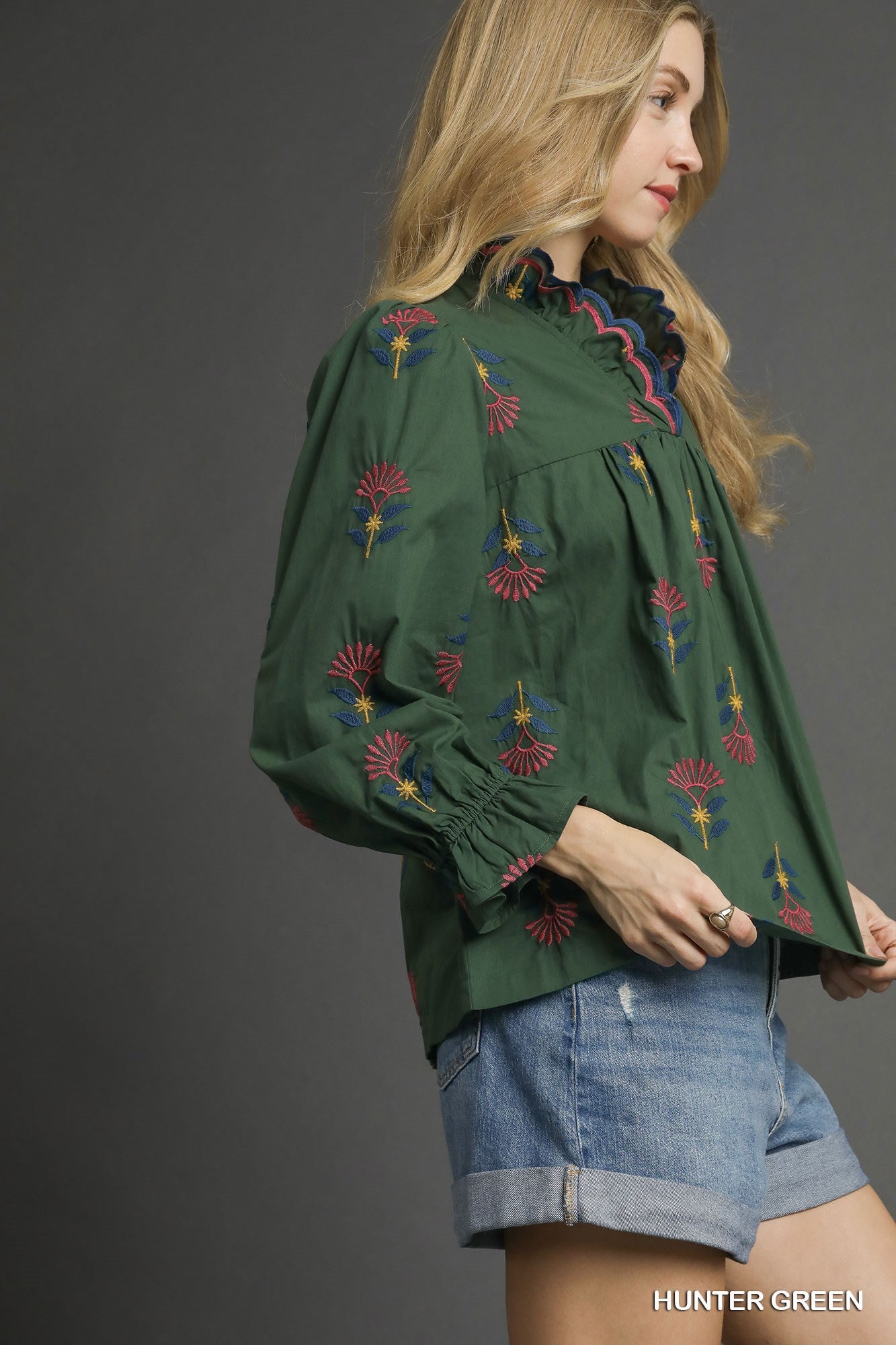 Umgee Hunter Green Embroidered Floral Ruffle Neck Blouse