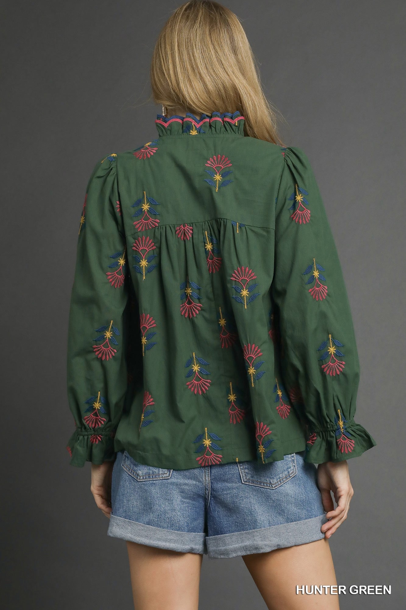 Umgee Hunter Green Embroidered Floral Ruffle Neck Blouse