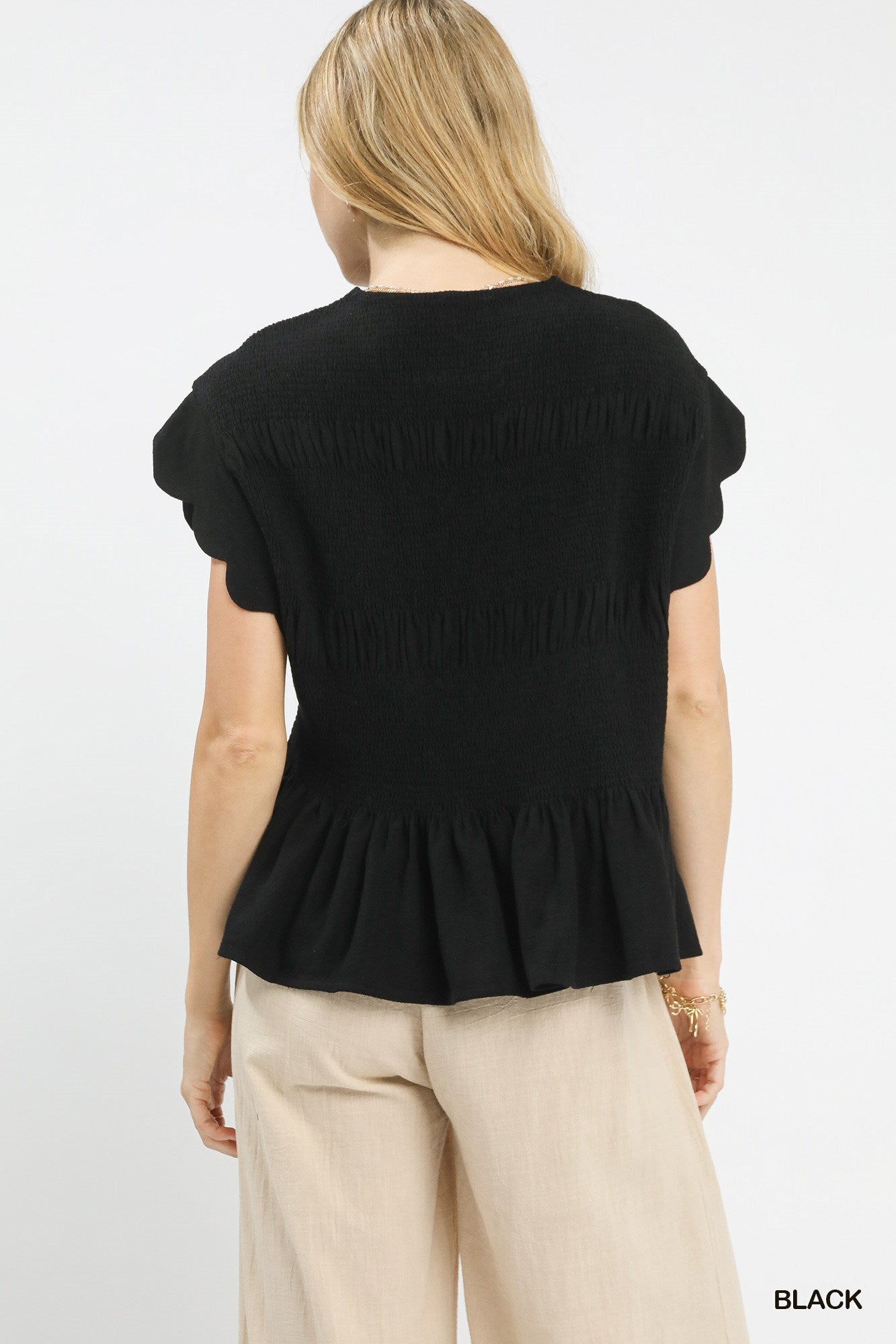 Umgee Black Linen Blend Smocked Peplum Top