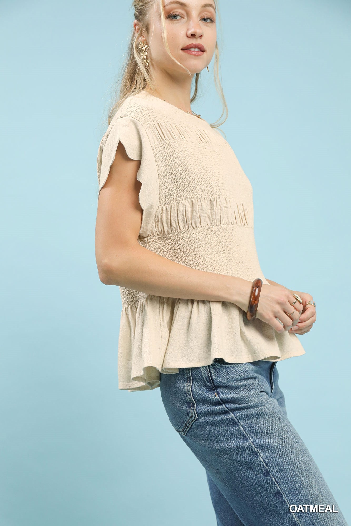 Umgee Linen Blend Smocked Peplum Top