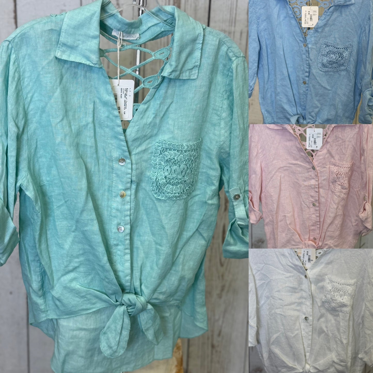 Made in Italy Tie Front Linen Top with Crocheted Back Detail