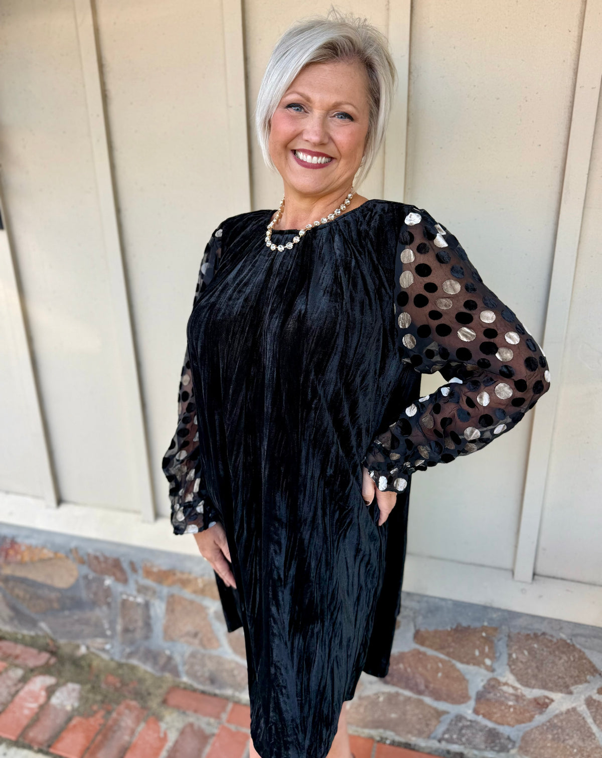 Umgee Black Velvet Polka Dot Sheer Sleeve Dress