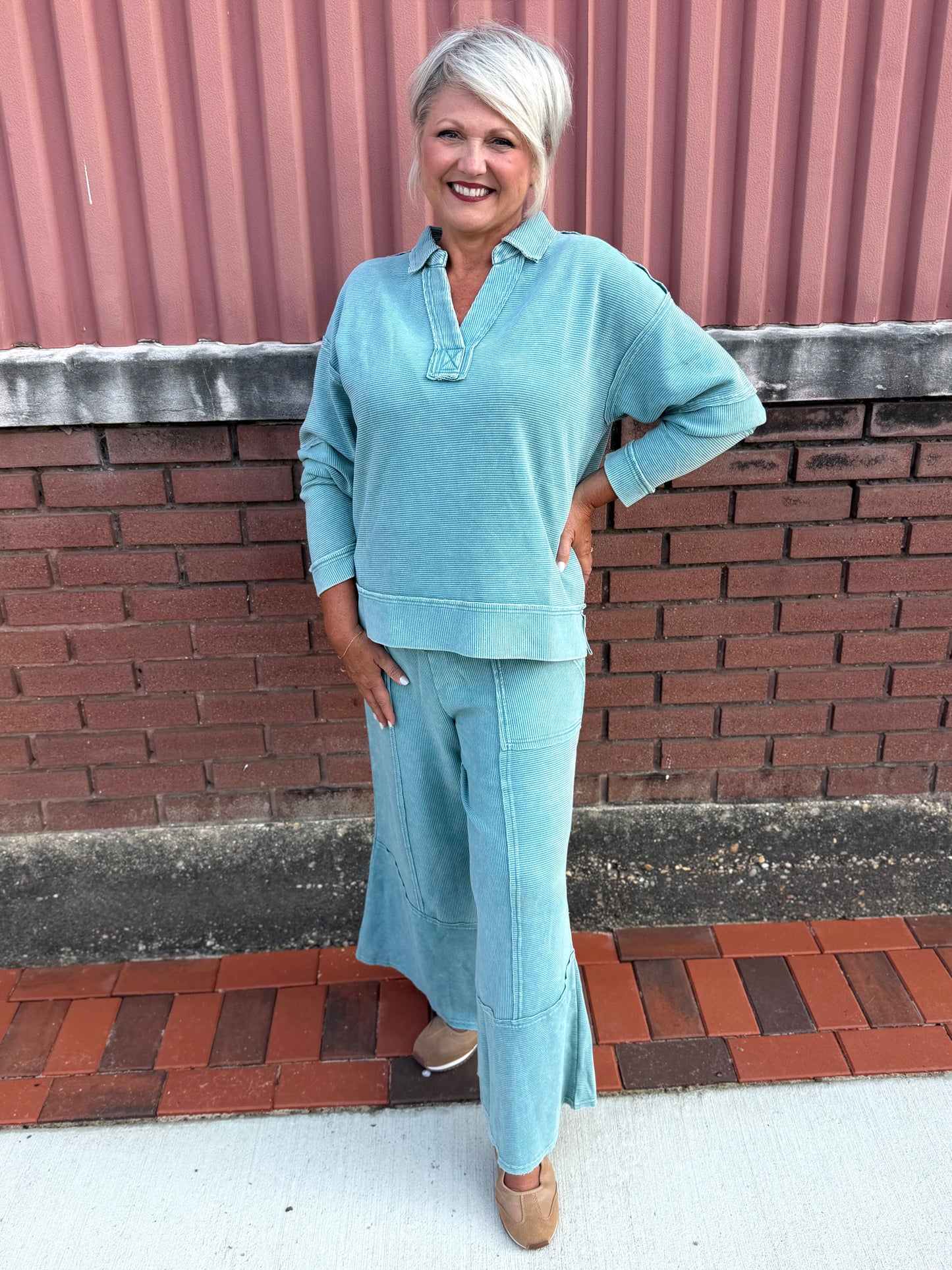 Easel Faded Teal TEXTURED THERMAL WASHED PULLOVER