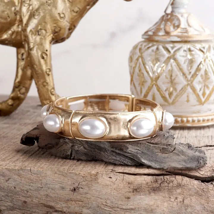 Wide Golden Bangle with Oval Faux Pearls