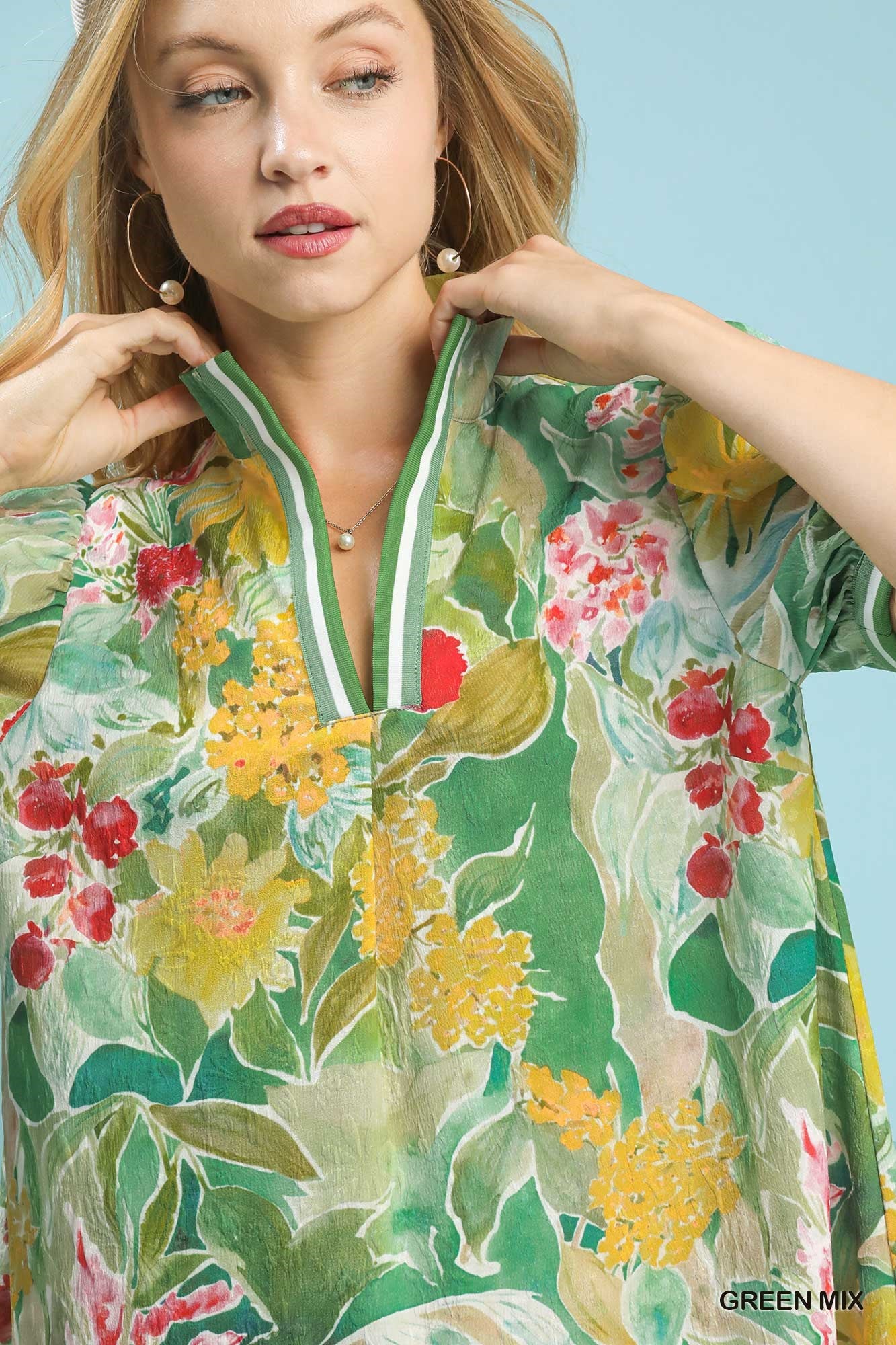 Umgee Green Jacquard Bloomscape Print Mini Dress