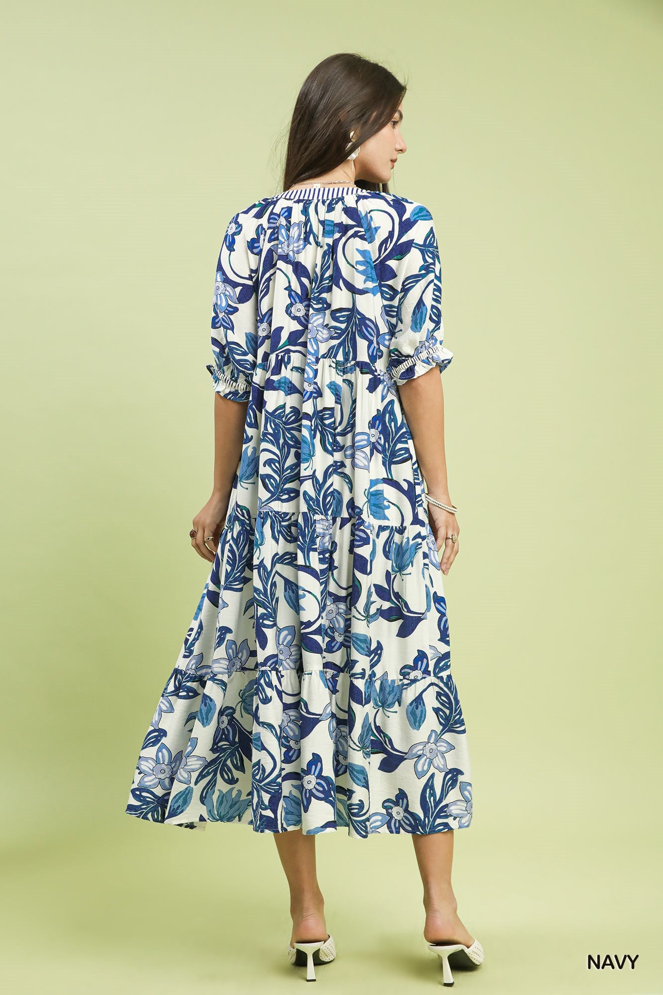 Umgee Blue Tropical Floral Tiered Midi Dress