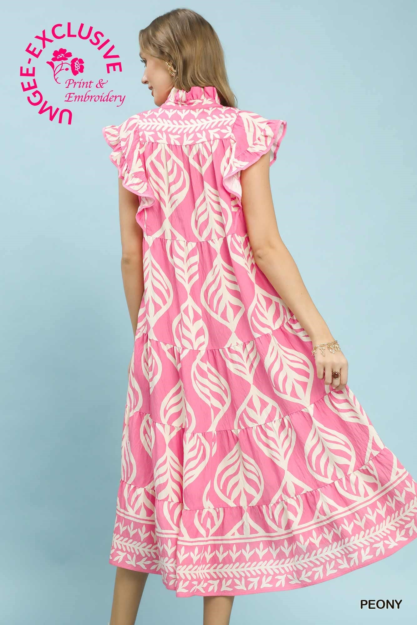 Umgee Peony Leaf Print Tiered Midi Dress