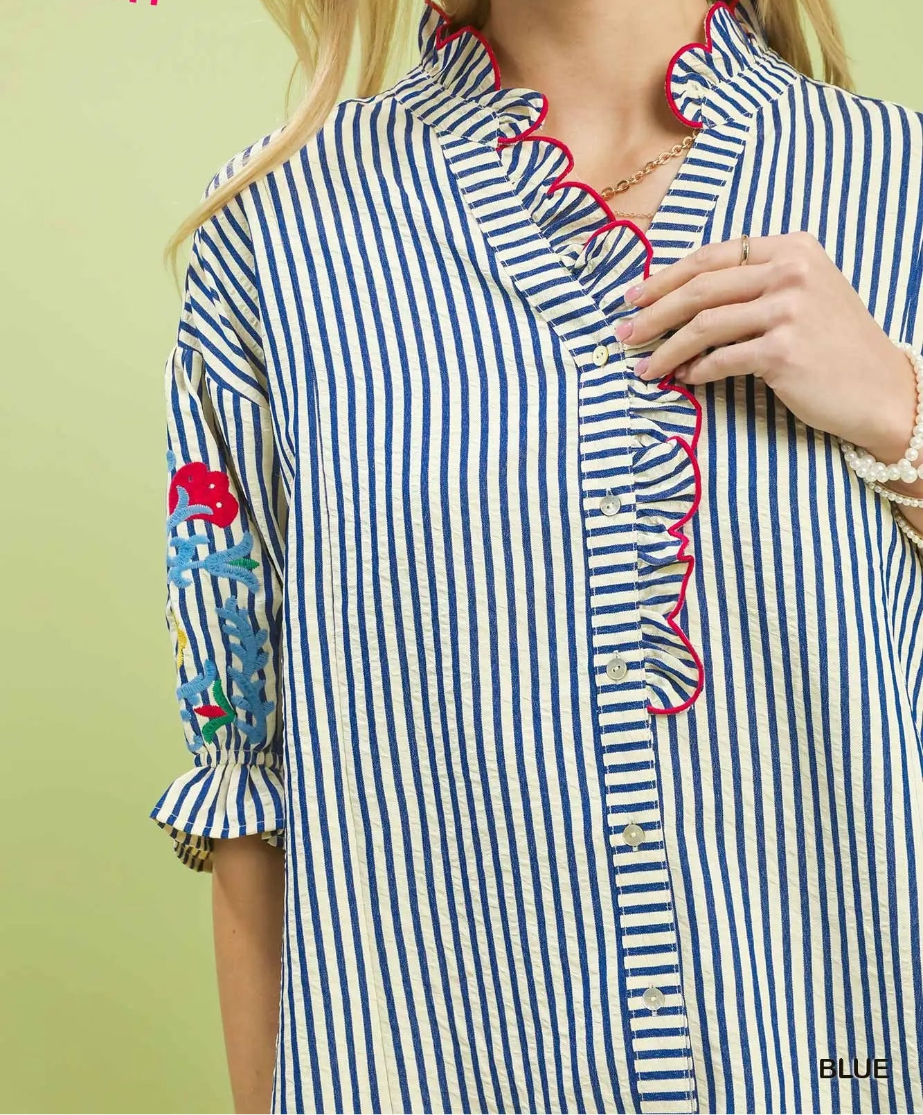 Umgee Blue Embroidered Ruffle Trim Stripe Blouse