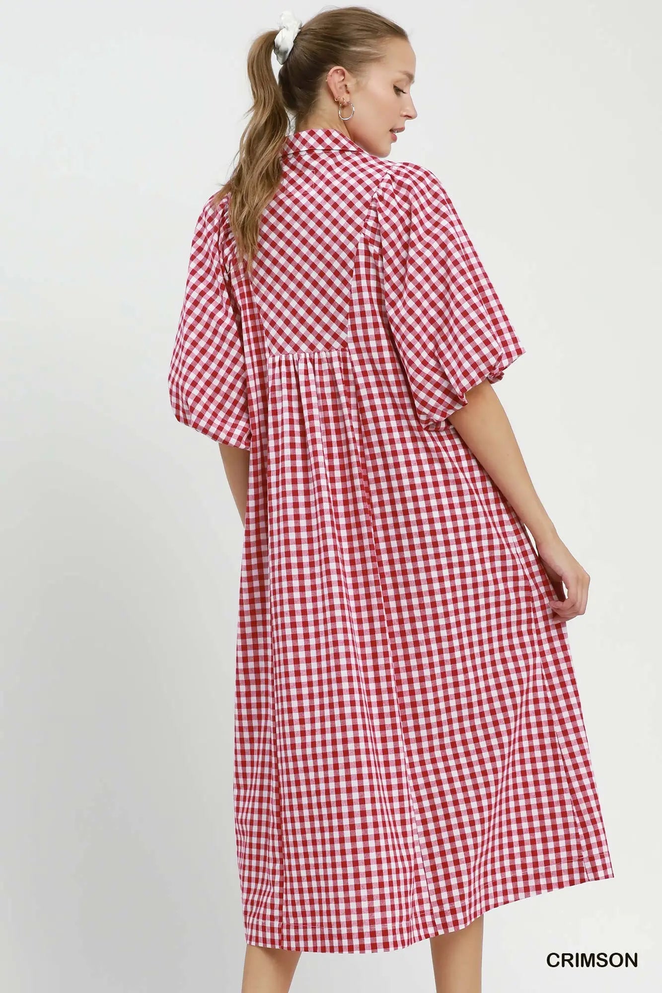 Umgee Crimson Puff Sleeve Plaid Midi Dress