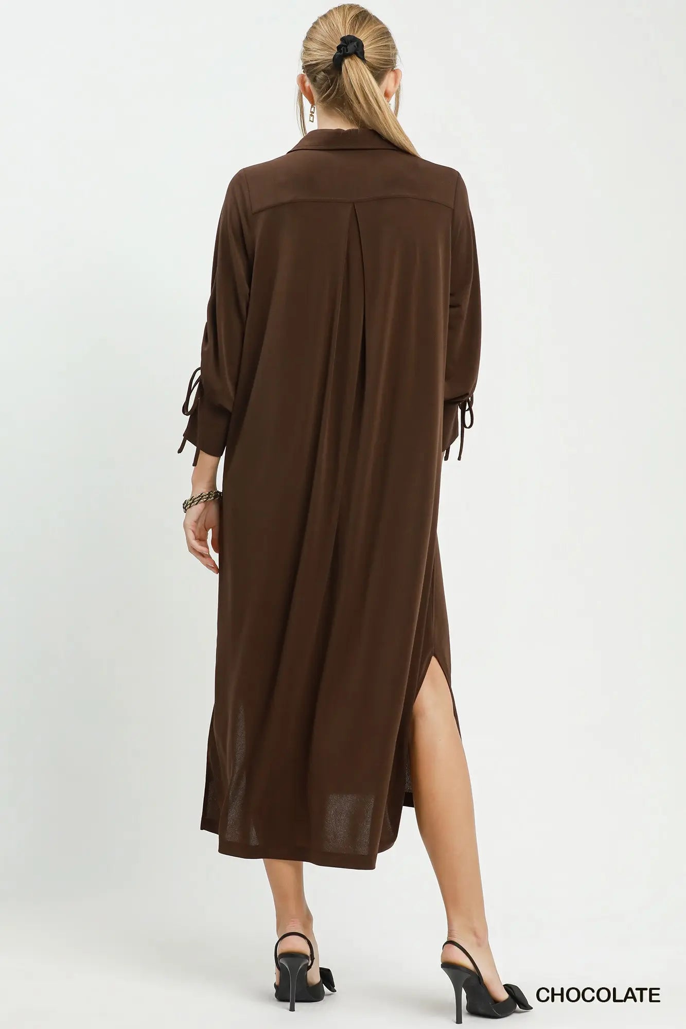 Umgee Chocolate Ruched Sleeve Button Front Midi Dress