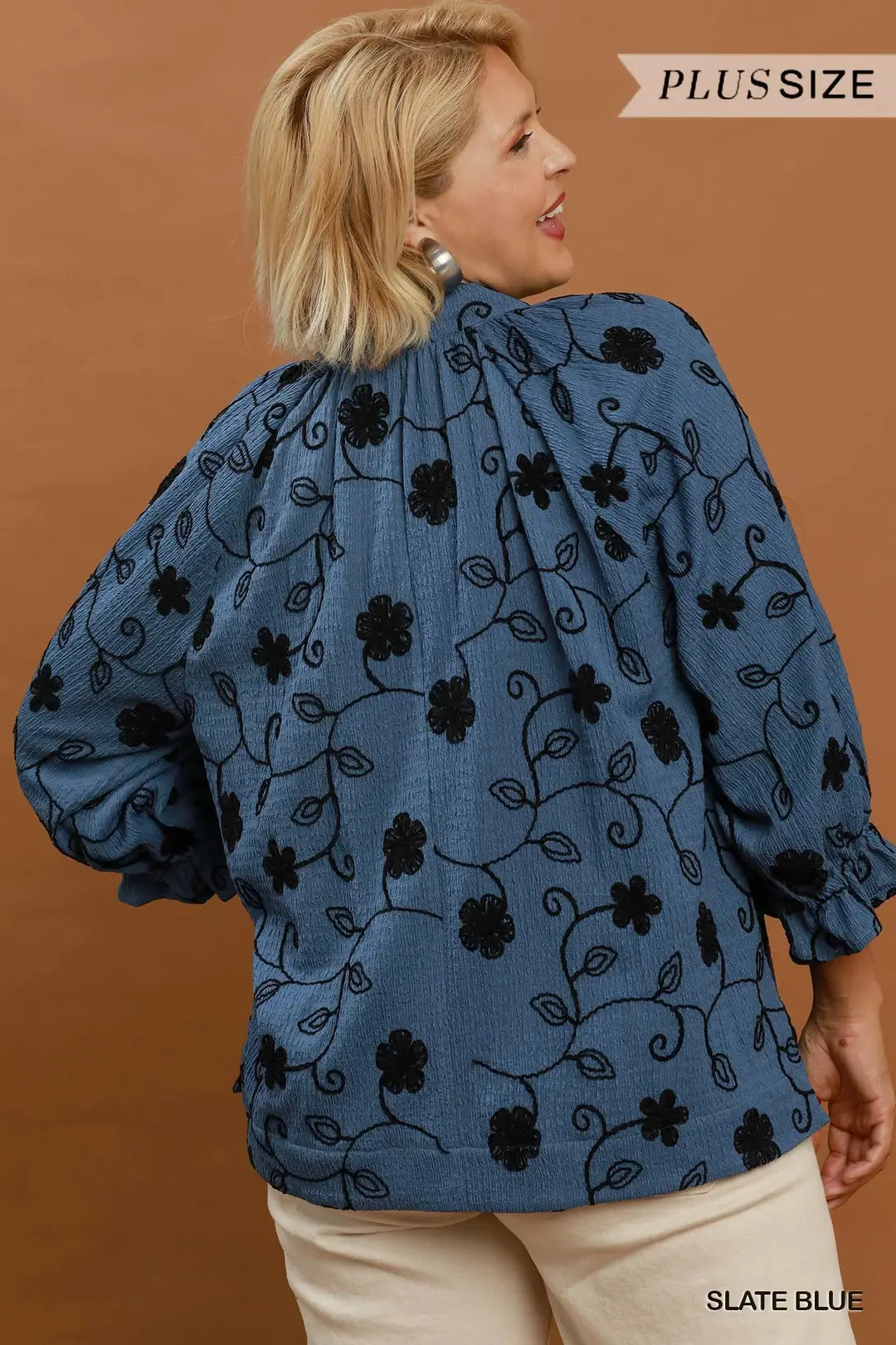 Umgee Plus Size Slate Blue Texture Fabric Floral Embroidered Top