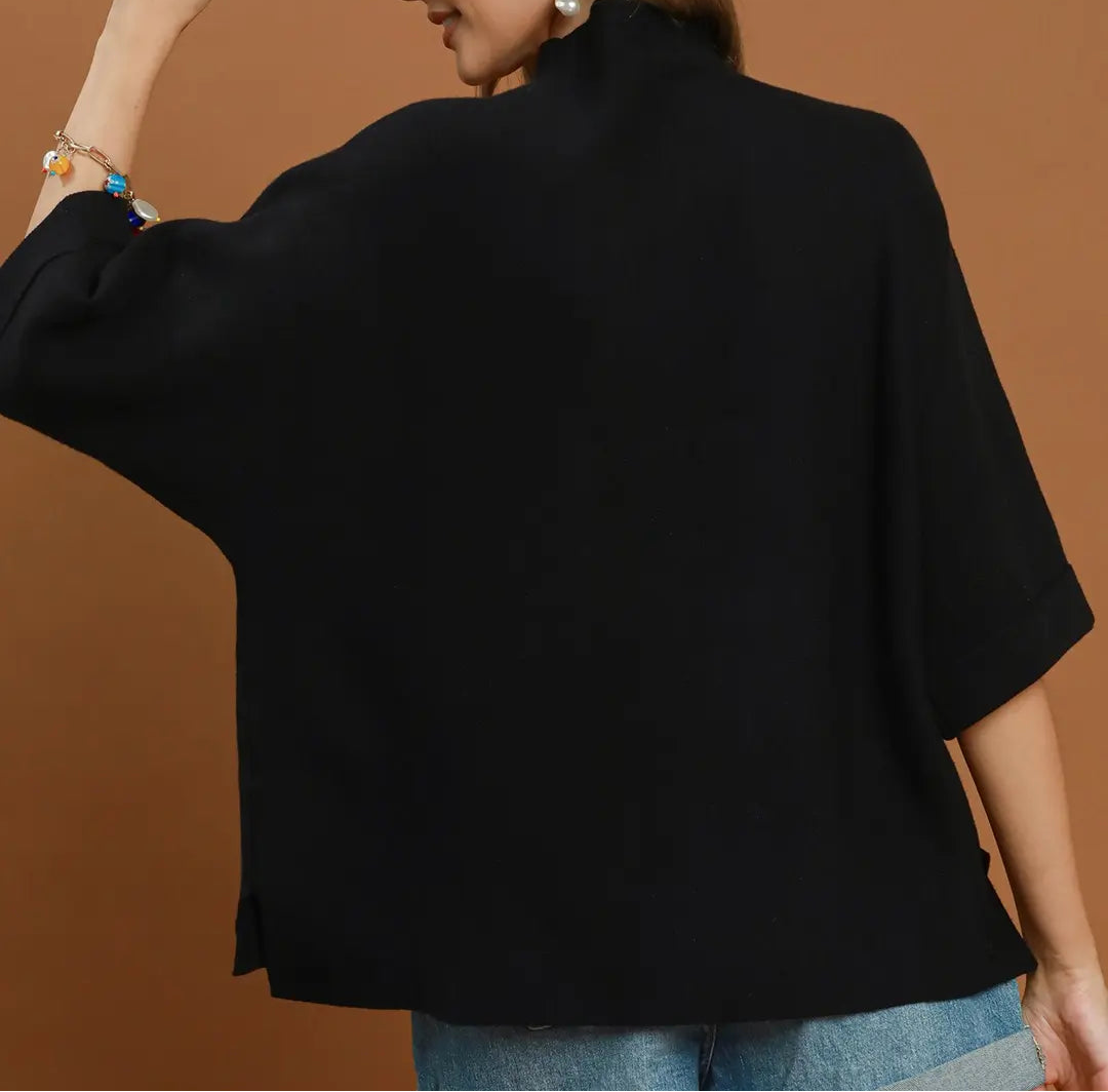 Umgee Plus Size Black Mock Neck Dolman Sleeve Sweater Top