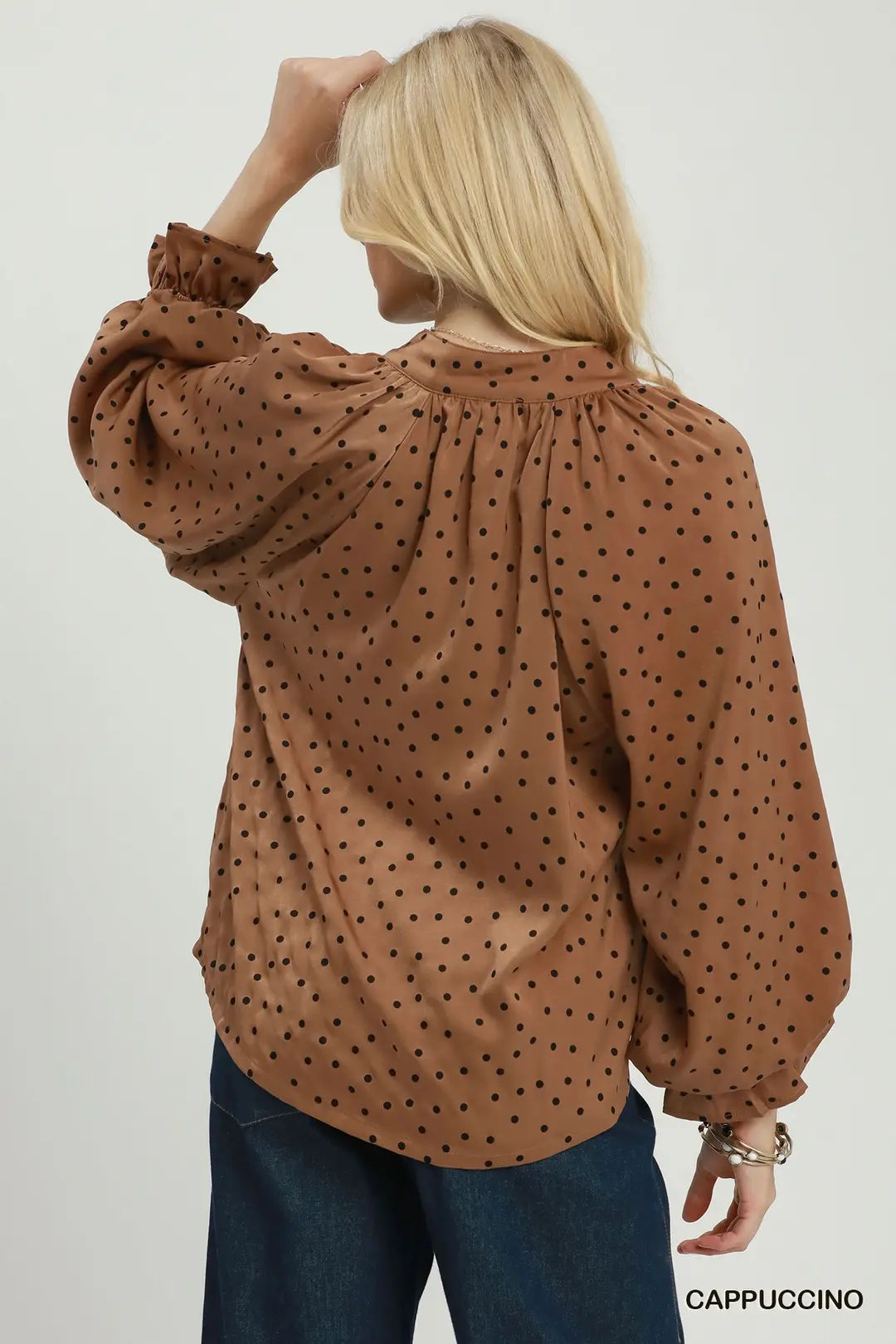 Umgee Cappuccino Polka Dot Tie Neck Blouse