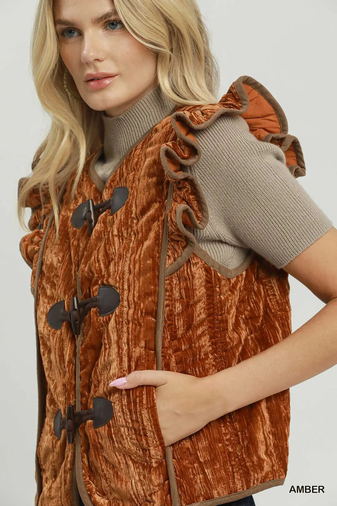 Umgee Amber Velvet Ruffle Toggle Vest